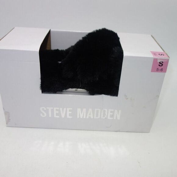 NEW Steve Madden Faux Fur Fuzzy Criss Cross Slip On Slippers Women's 5-6 BLACK - Picture 6 of 9